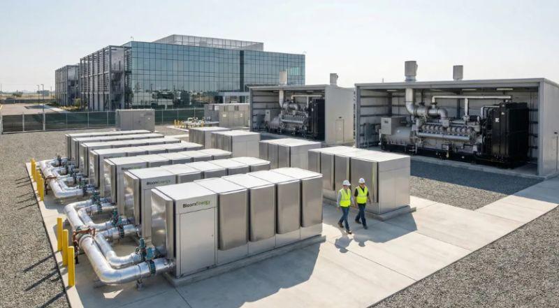 Installation d'Energy Servers Bloom Energy à proximité d'un data center, avec équipe technique sur site